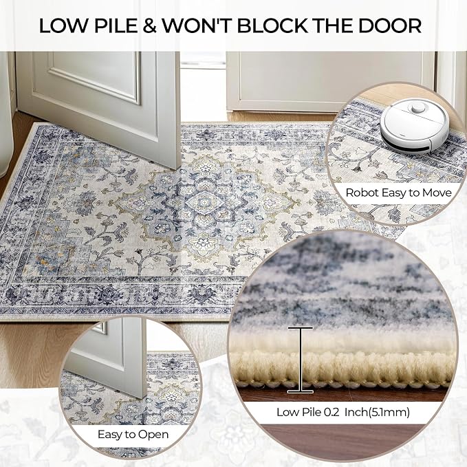 CAPALOCA Machine Washable Rugs Nursery Rug 9x12 Area Rugs Girl Non Slip Low Pile Water Repellent Soft Print Pattern for Bedroom Indoor Decor Kids Playroom Blue White | Non-Slip Soft Rugs for Bedroom Kids Playroom Living Room, Print Pattern Water Repell...