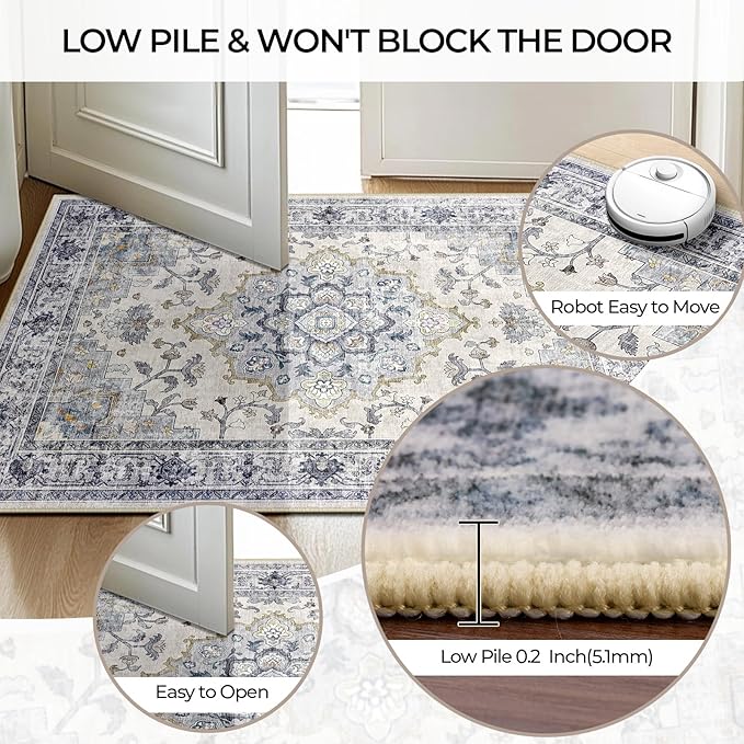 CAPALOCA Machine Washable Rugs Nursery Rug 6x9 Cute Girl Non Slip Low Pile Water Repellent Soft Print Pattern for Bedroom Indoor Decor Kids Playroom Blue White | Non-Slip Soft Rugs for Bedroom Kids Playroom Living Room, Print Pattern Water Repellent Ca...