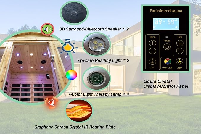 LTCCDSS Low EMF Outdoor Far Infrared Sauna 4-Person, Hemlock Wood Sauna for Home- Bluetooth Speakers, LED Reading Lamps, Chromotherapy Lights, 68.1 * 52.4 * 82.7 in