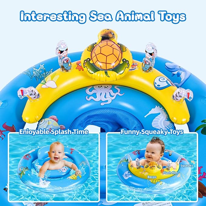 Baby Pool Float,Extra Wide Infant Pool Float,Baby Floaties 6-12 Months,Toddler Swim Float with Canopy Removable UPF50+ Sun Protection＆Toy Play Console,Adjustable Safety Seat,Toddler Floaties (Blue)
