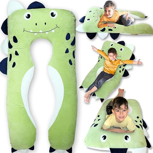 LUNAMIRA Dino Kids Body Pillow - 47" U-Shape Long Plush Soft Animal Pillow for Kids, Sleeping, Reading, ADHD & Special Needs Comfort, Anxiety, Washable Cover, Snuggle Fun Cuddle Gift for Boys & Girls