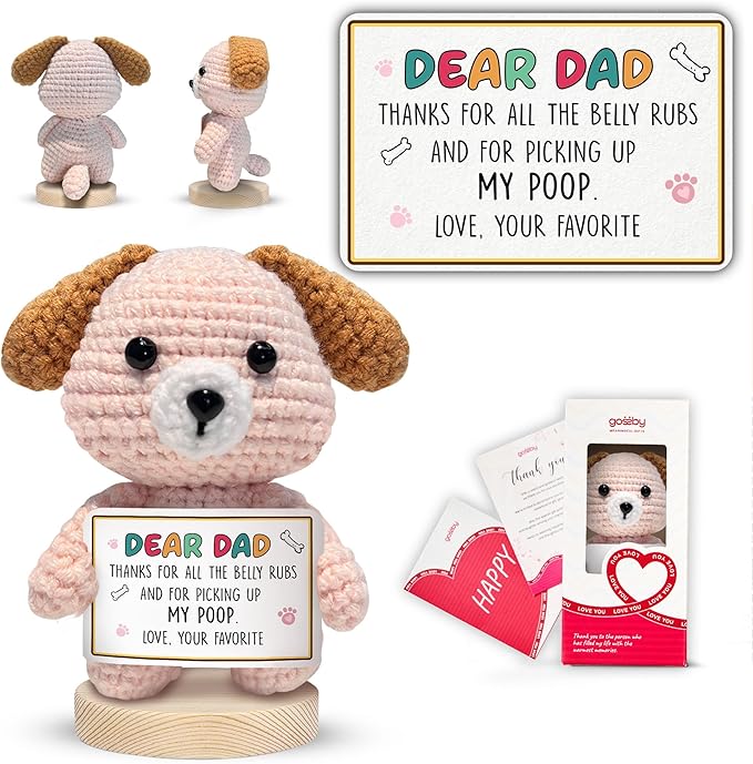 Gossby Handmade Positive Dog Crochet with Message - Gift for Dog Dad - Thanks for All The Belly RUB - Fathers Day, Christmas, Birthday Gift for Pet Lover Men - Knitted Decor
