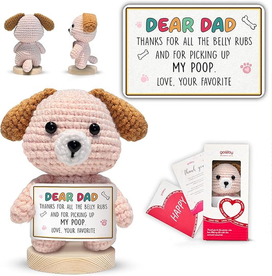 Gossby Handmade Positive Dog Crochet with Message - Gift for Dog Dad - Thanks for All The Belly RUB - Fathers Day, Christmas, Birthday Gift for Pet Lover Men - Knitted Decor
