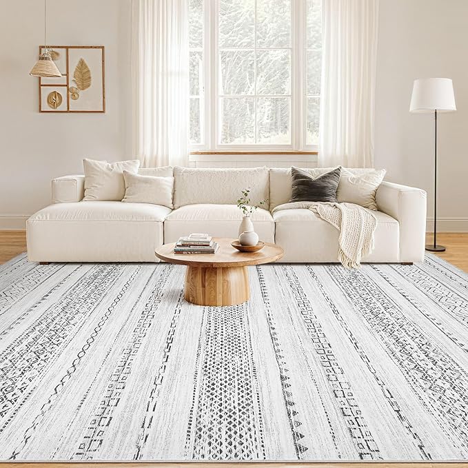 Nakagishi Boho 9x12 Area Rug Living Room Rugs Machine Washable Gray | Soft, Pet & Kid Friendly, Carpet for Living Room/Bedroom/Office/Kitchen/Nursery, Daily Home Decor Stain Resistant Moroccan