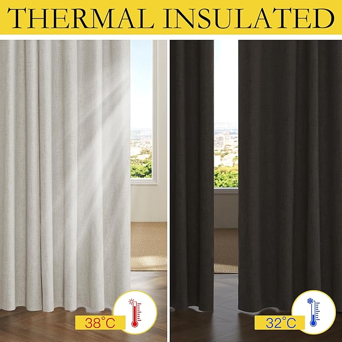 NICETOWN Alabaster Gray Vintage Linen 100% Blackout Curtains for Living Room, Thermal Insulated Curtains 84" Long, 52" Wide Per Panel, Set of 2, Noise Reducing Window Treatment Drapes for Hall Room