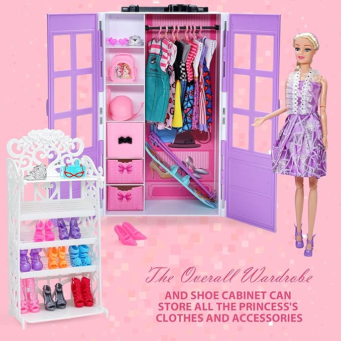 Doll Closet Clothes and Accessories - 135Pcs with Dolls Storage Organizer Wardrobe Sets, Princess Fashion Pack Playset Including Wedding Gowns/Dresses/Shoes/Outfit, Birthday Girls Gifts Age 345678