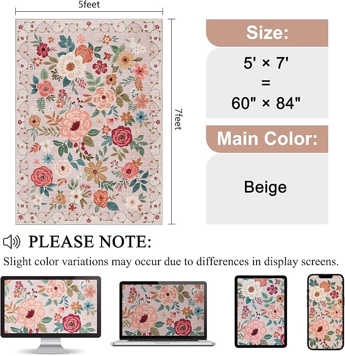 DUKINO 5x7 Area Rugs, Floral Washable Rug for Living Room Non Slip, Beige | Soft, Low Pile, Stain Resistant Indoor Rug for Bedroom, Dining Room, Office, Pet Friendly, Lightweight, Modern Home Decor