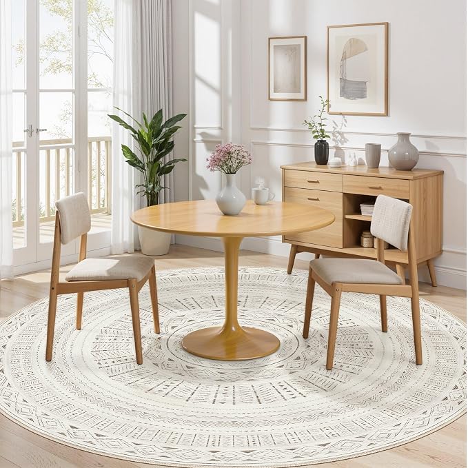 cotiled 8x8 Round Area Rugs Living Room Rug: Washable Boho Rugs with Non Slip Backing Large Soft Indoor Stain Resistant Carpet for Bedroom Farmhouse Dining Room Lightweight Home Decor L Brown/Cream