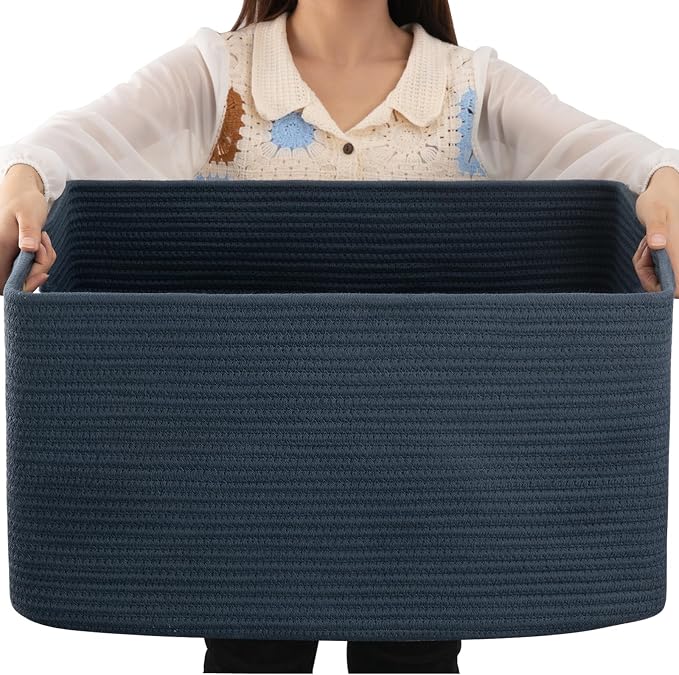 OIAHOMY 75L Large Blanket Basket, Woven Storage Basket with Handle, Cotton Rope Basket 22”x17”x12”,Blanket Basket Living Room, Toy Basket for Nursery, Blue