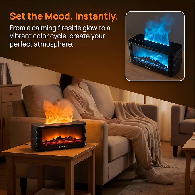 250ML Fireplace Flame Aroma Diffuser, Simulated Fire Effect Essential Oil Diffuser Humidifier with 9 Colors Changing LED Lights, 3H/6H Auto Shut-Off Timer, for Home Bedroom Office, Black