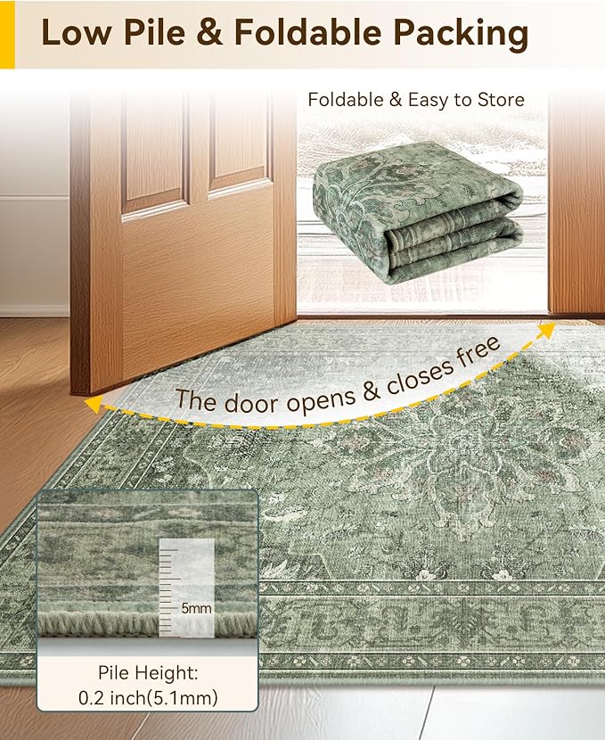 RELEANY Area Rugs 6'x8' Washable Non-Slip, Floral Vintage Distress Medallion Carpet for Living Room Bedroom Dining Room, Dark Green Gray