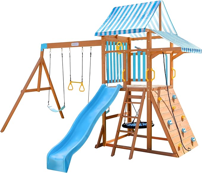 Teamson Kids Laguna Wooden Swing Set with Slide & Climbing Wall, Solid Wood, Natural and Aqua
