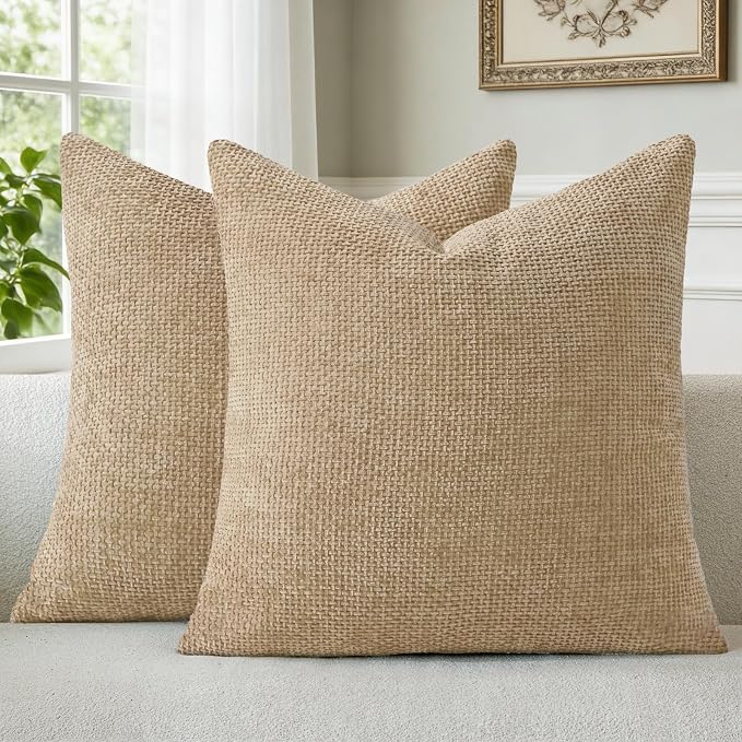 a moment Light Brown Chenille Throw Pillow Covers 16x16 Inch Pack of 2 Modern Decorative Throw Pillow Covers Farmhouse Cross Covers Home Decor for Sofa Bedroom Living Room