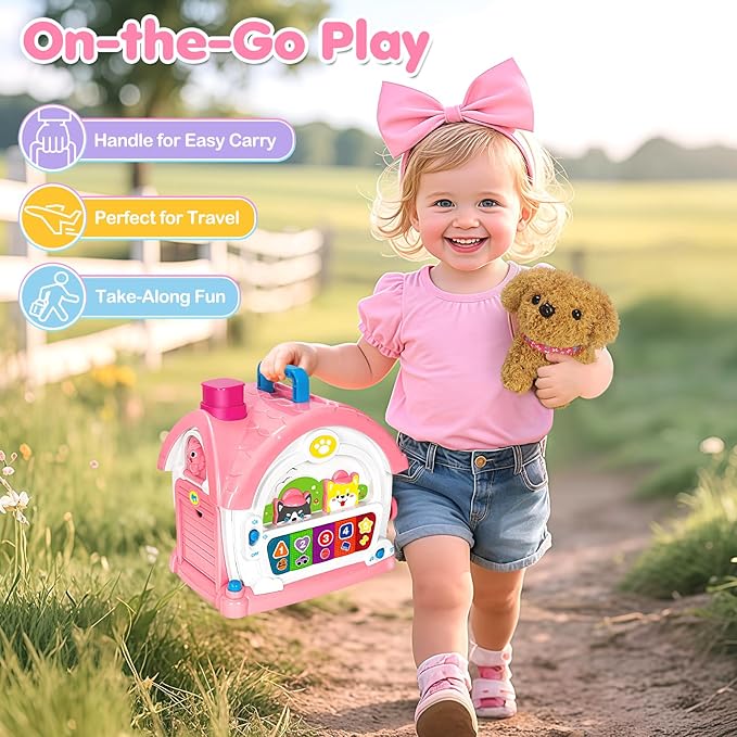 Montessori Toys for 1 2 3 Year Old Girl Gifts, Baby Musical Toys 12-18 Months, 10 in 1 Bilingual Learning Toy with Sound Light, Pretend Toy with Plush Puppy, First Birthday for Toddlers