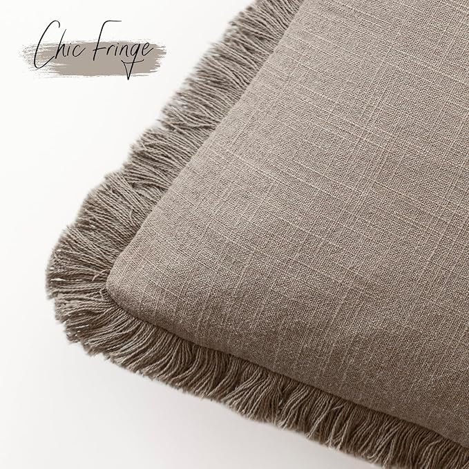 Foindtower Set of 2 Decorative Linen Fringe Throw Pillow Covers Boho Farmhouse Cushion Cover with Tassels Accent Pillowcase for Couch Chair Sofa Bed Living Room Home Decor,16×16 Inch,Dune