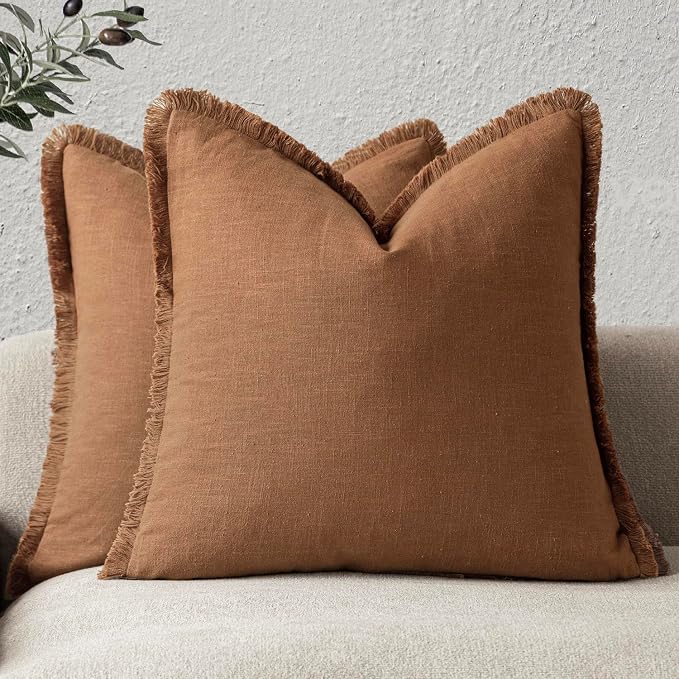 Foindtower Set of 2 Decorative Linen Fringe Throw Pillow Covers Cozy Boho Farmhouse Cushion Cover with Tassels Soft Accent Pillowcase for Couch Sofa Bed Living Room Home Decor, 26×26 Inch,Orange Brown