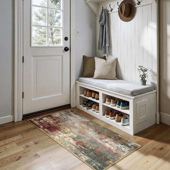 RELEANY Washable 2'x5' Abstract Area Rug for Living Room Rustic Brown | carpet for bedroom, kitchen, office, hallway and entryway, printed pattern, non-slip, soft, stain-resistant, easy to clean