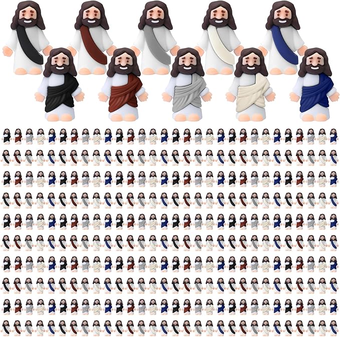 Bememo 300 Pcs Little Jesus Figures Bulk Original Design Mini Pocket Jesus Toys Rubber Figurine to Hide and Seek Religious Party Favors Sunday School Craft Baptism Gifts(Retro Color)