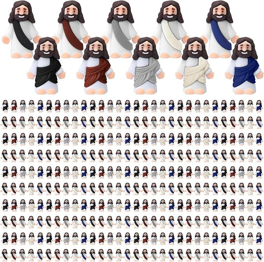 Bememo 300 Pcs Little Jesus Figures Bulk Original Design Mini Pocket Jesus Toys Rubber Figurine to Hide and Seek Religious Party Favors Sunday School Craft Baptism Gifts(Retro Color)