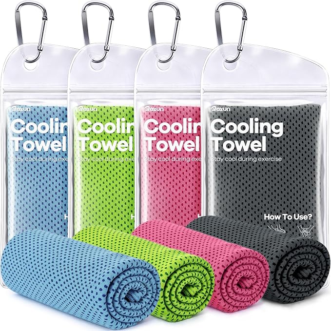 ROXUN 4 Pack Cooling Towels, 40''x12'' Soft Breathable Chilly Neck Ice Rags | Workout Running Golf Dark Gray+Grayish Blue+Pink+Green