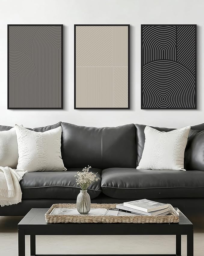 Drsoum Mid-Century Modern Framed Wall Art Large 16x24in Minimalist Abstract Boho Neutral Line Wall Decor Geometric Artwork Kitchen Dining Room Black Framed