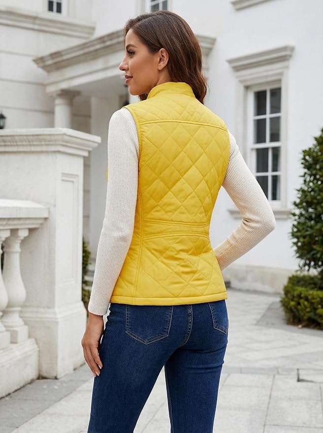 Fuinloth Women's Quilted Vest Lightweight Puffer Stand Collar Zip Gilet | 4 pockets with 2 inner storage. Quilted padded warm gilet. Fall winter outerwear layering vest for travel hiking daily wear.