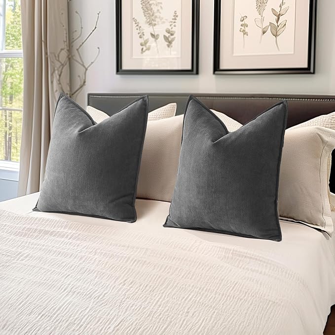 MIULEE Pack of 2 Dark Grey Euro Shams Chenille Pillow Covers 26x26 Inch | Decorative Soft Couch Throw Pillows,Farmhouse Cushion Covers,Elegant Design for Sofa,Bed,Living Room,Summer Decor