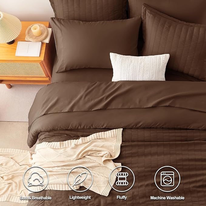 CozyLux Full Size Comforter Sets with Sheets 7 Pieces, Brown Seersucker Bed in a Bag Textured Luxury Soft Bedding Sets with Down Alternative Comforter, Sheets, Pillowcases & Shams for All Seasons