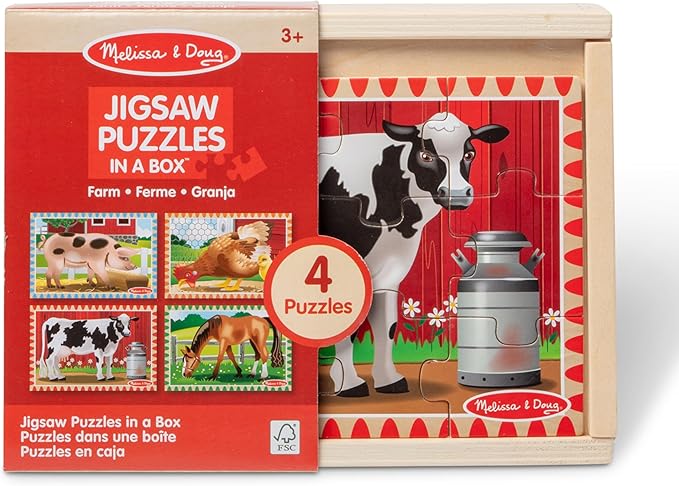 Melissa & Doug 4‑in‑1 Wooden Farm Jigsaw Puzzle Set, 48 Pieces with Storage Box, Toddler Puzzle Toy for Kids Ages 3+