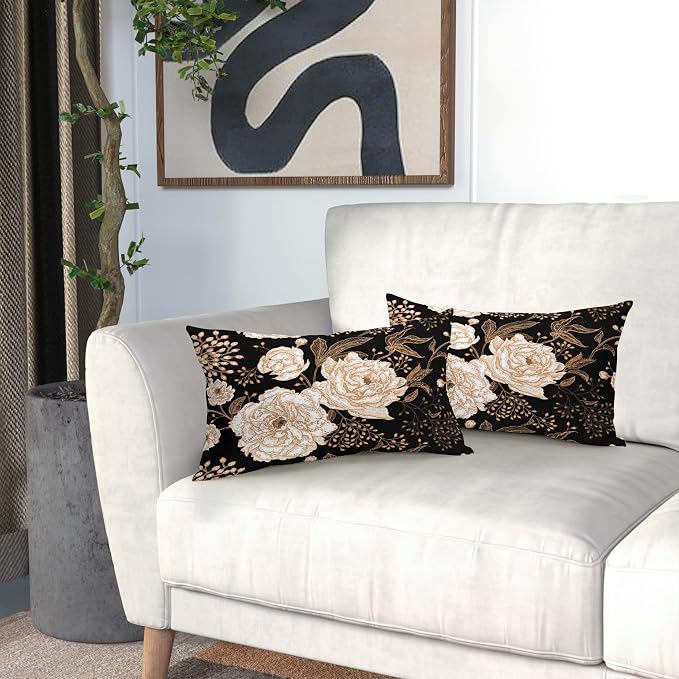 Vintage Peony Roses Floral Plant Lumbar Pillow Covers 12X20 Inch Set of 2 Chinoiserie White Flower Leaves Decorative Pillow Cases Black Gold Cushion Case Vintage Home Decor For Sofa Couch Outdoor