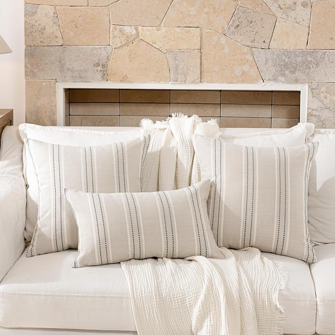 Hckot Grey Decorative Throw Pillow Covers 16x16 Set of 2 Boho Pillow Covers | Striped Farmhouse Pillows Textured Linen Square Cushion Covers for Sofa Couch Bed Living Room Decor(Light Grey)