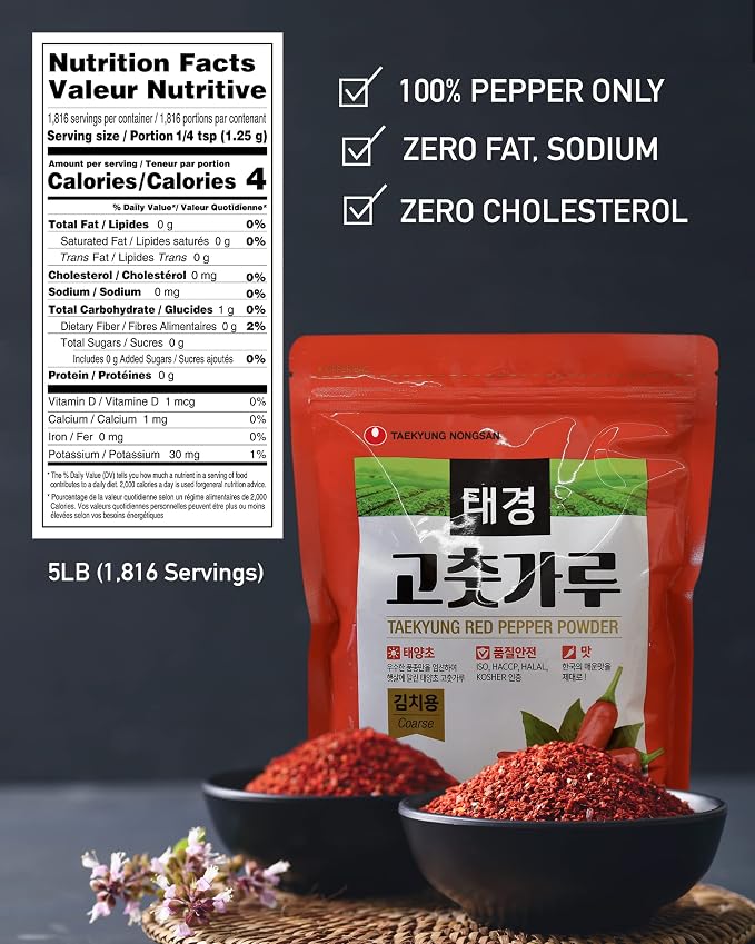 Taekyung Chili Powder For Kimchi (Flake, 5LB) - Korean Gochugaru. Red Pepper Spice Seasoning for Asian Food. MSG Free.