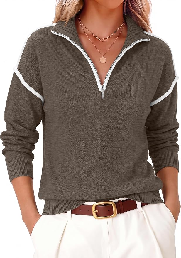 ANRABESS Womens Quarter Zip Sweaters Fall Long Sleeve V Neck Shirts Collared Business Casual Tops Knit Pullover Sweatshirts
