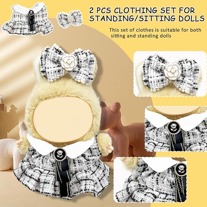 Doll Clothes for Labubu,Cute Outfit for 17cm Doll Clothe 2/3PCS Clothes and Hats Stylish Dolls Clothe for 17 cm Labubu,Casual Style Costumes for Labubu Dolls (White Chaneel Set)