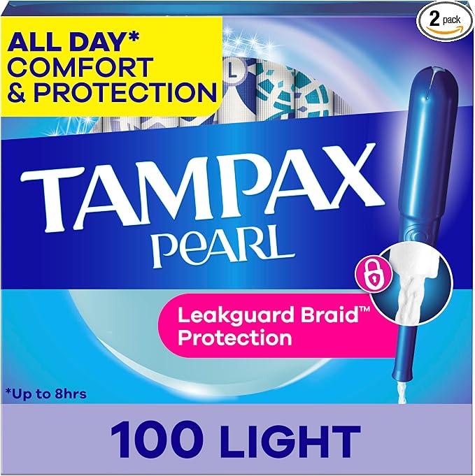 Tampax Pearl Tampons, with LeakGuard Braid, Light Absorbency, Up to 100% Leak and Odor Free Protection, Unscented, 100 Count (2 Packs of 50) (Packaging May Vary)