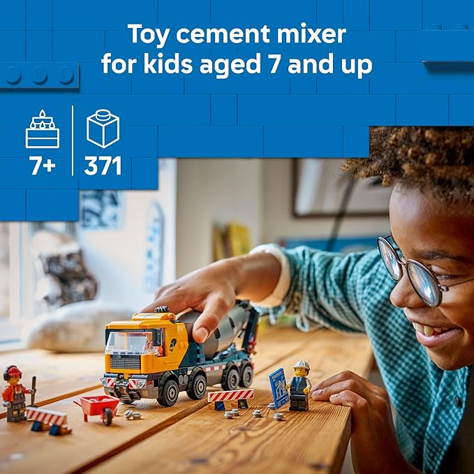 LEGO City Cement Mixer Truck Building Toy for Boys & Girls, Ages 7+ - Pretend Play Construction Toy W/Rotating Drum & 3 Worker Minifigures - Gift Idea for Birthdays - 60478