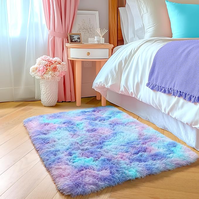 Amdrebio Purple Rainbow 2x3 Small Area Rugs for Bedroom Girls Room Decor, Fuzzy Plush Colorful Mermaid Kids Rugs for Playroom Nursery Dorm, Fluffy Furry Cute Shag Kawaii Carpet for Baby Toddler Teen