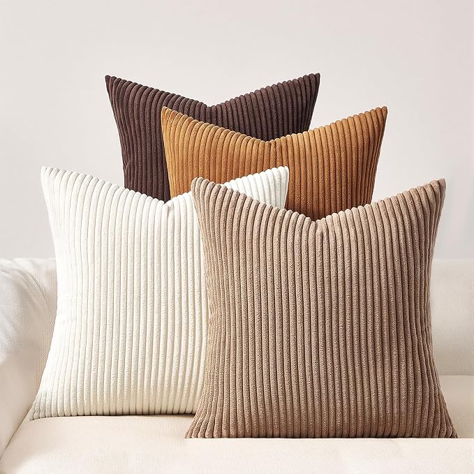 Topfinel Gold Brown Gradient Fall Pillow Case Rustic Throw Pillow Covers 22x22 Inch Set of 4 Soft Farmhouse Corduroy Striped Decorative Cushion Cover for Sofa Couch Living Room Bedroom