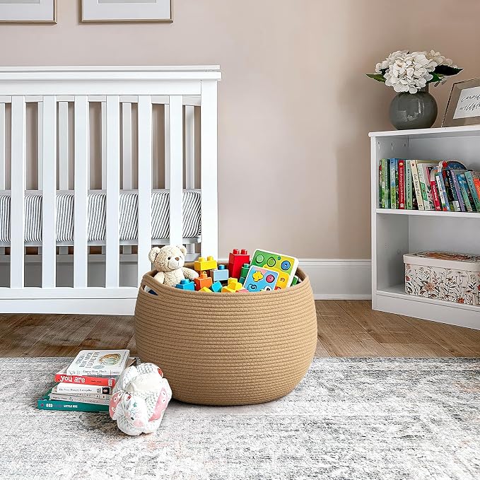 Goodpick Large Woven Storage Basket for Organizing, 15.7" x 10.5", Camel | Round Cotton Rope Basket With Handles, Holds Blankets, Toys & Daily Essentials, Decorative Basket for Living Room & Bedroom