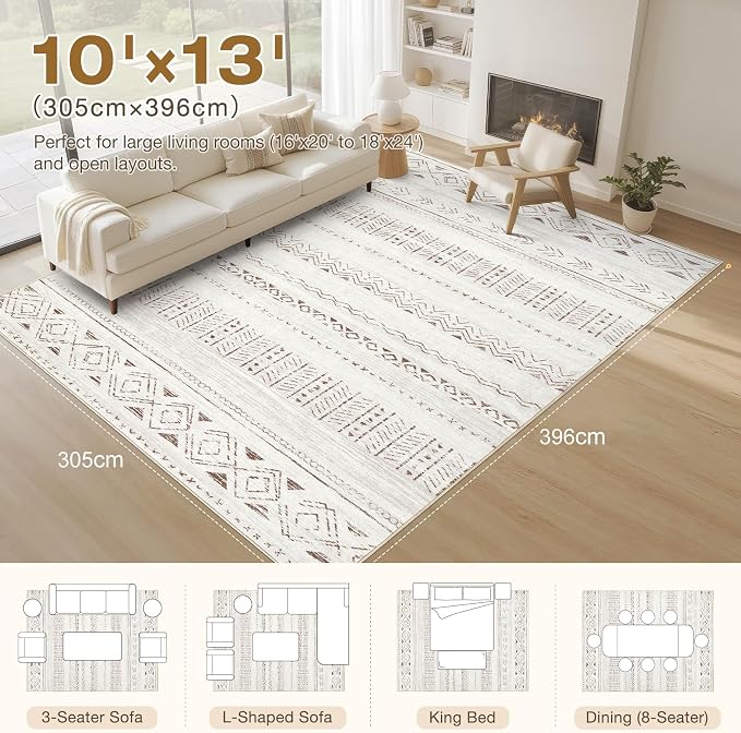 cotiled 10x13 Area Rugs Living Room Rug: Washable Boho Rugs with Non Slip Backing Large Soft Indoor Stain Resistant Carpet for Bedroom Farmhouse Dining Room Lightweight Home Decor L Brown/Cream