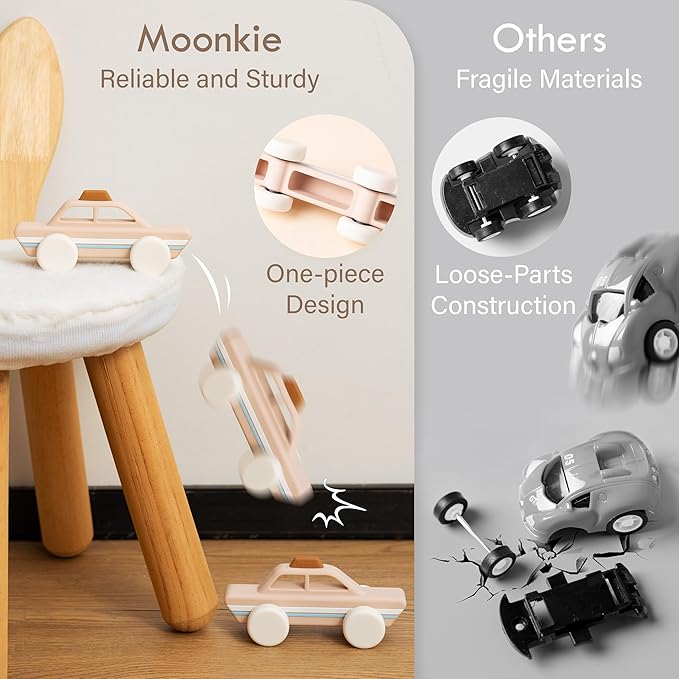 Moonkie Food Grade Silicone Toy Cars for Babies & Toddlers, Push and Go Baby Car Toys 6–12 Months, Baby Teething Toys 4–6 Months, One-Piece Design Infant Toys, Birthday Gifts for Boys & Girls, 5 Pack