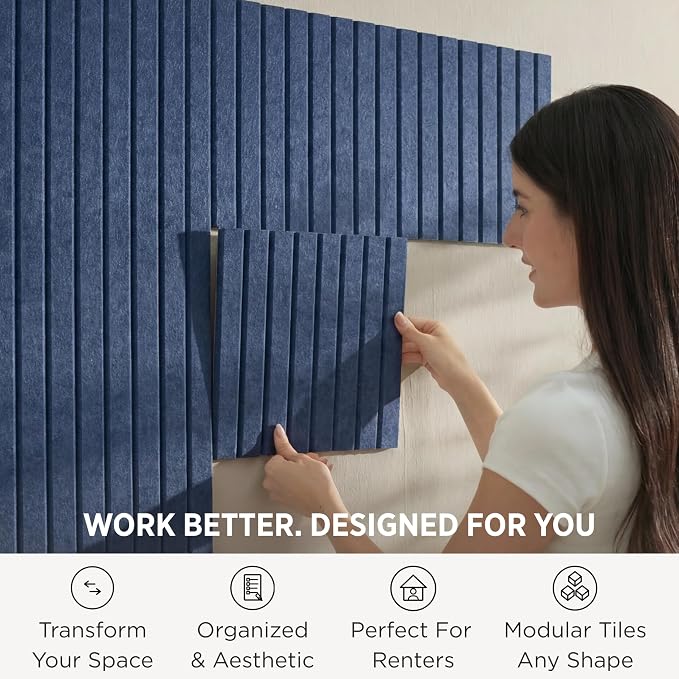 Felt Bulletin Board Tiles 48"x36" - 12-Pack Cork Board Alternative, OEKO-TEX Certified, NRC 0.95 Acoustic Felt Wall Panels, Damage-Free Adhesive, Slatted Design Home Office, Classroom (Indigo)
