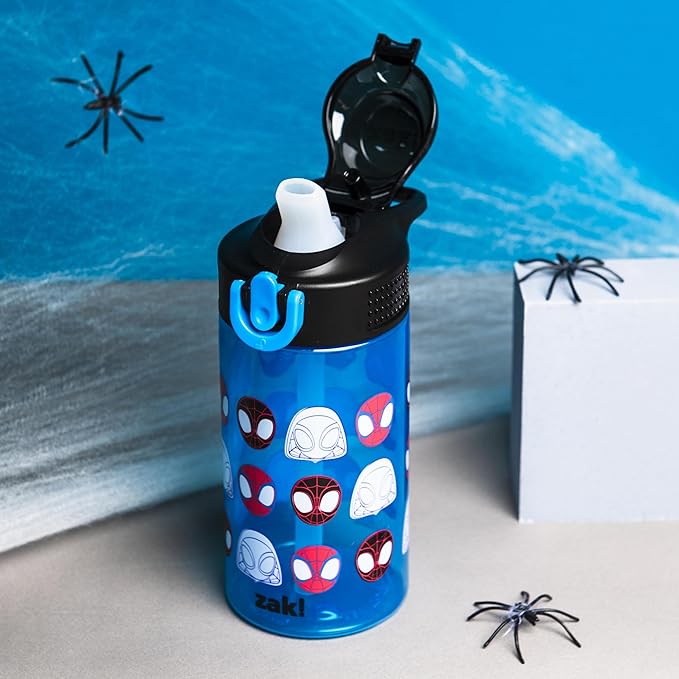 Zak Designs Marvel Spider-Man Sage Water Bottle For School or Travel, 16oz Durable Plastic Water Bottle With Straw, Handle, and Leak-Proof, Pop-Up Spout Cover (Spidey and His Amazing Friends)