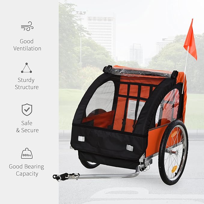 Aosom 2-Seat Child Bike Trailer for Kids with a Strong Steel Frame, 5-Point Safety Harnesses, & Comfortable Seat