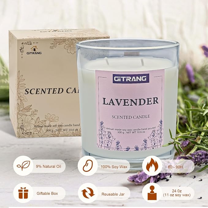 Lavender Scented Candle, 21 oz Soy Wax Candles for Home Aromatherapy, Relaxation Gifts for Women, Long Lasting Time (160-180 Hrs) for Bedroom Yoga Garden Patio Birthday Party,Set of 2
