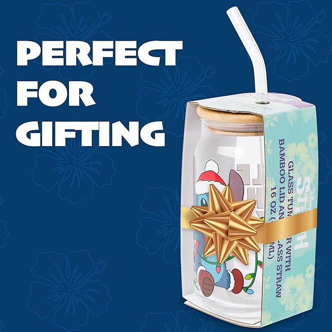 Silver Buffalo Disney Lilo and Stitch “Jingle All the Way” Glass Tumbler with Bamboo Lid and Glass Straw Featuring Stitch, 16 Ounces
