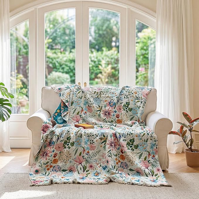 LUTBM Boho Throw Blanket for Couch 50"x60", Cotton Decorative Bed Throw | Reversible Floral Jacquard, All-Season Blankets, For Chair Sofa Living Room Decor, Lightweight Breathable Gauze, Women Gifts