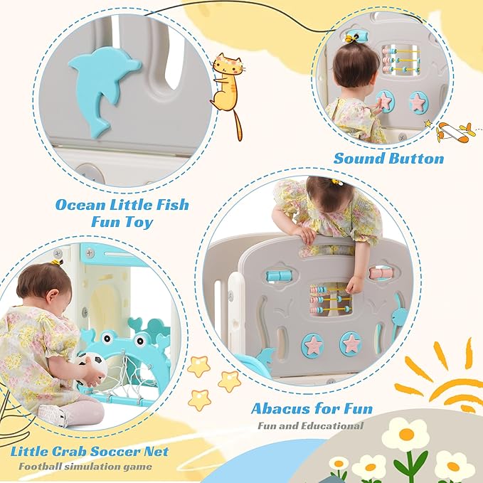 11in 1 Toddler Slide, Kid Slide for Toddlers Age 1-3 with Telescope, Basketball Hoop, and Telescope, Indoor Outdoor Playset Playground Blue Grey