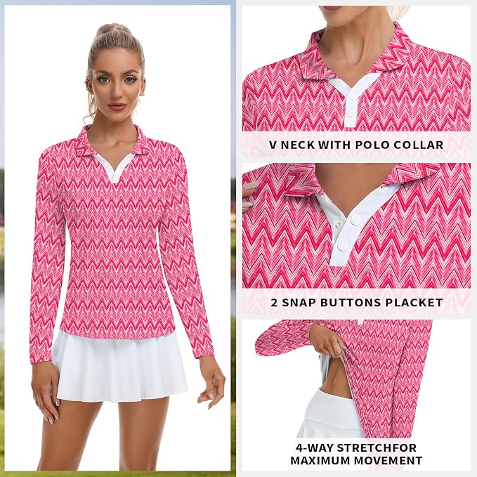 Soneven Womens Golf Shirts Moisture Wicking V Neck Long Sleeve Polo Shirts Collared Tops