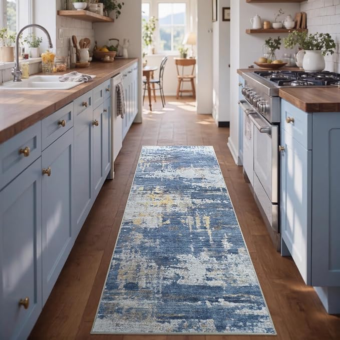 2x6 Ft Washable Runner Rug, Non-Slip Low Pile Hallway Kitchen Area Rug, Soft Long Entryway Floor Mat Abstract Pattern Carpet for Bedside & High-Traffic Areas (Blue/Gold)